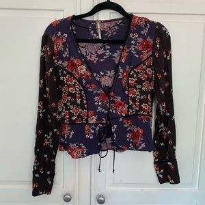 Free people floral tie up blouse black red